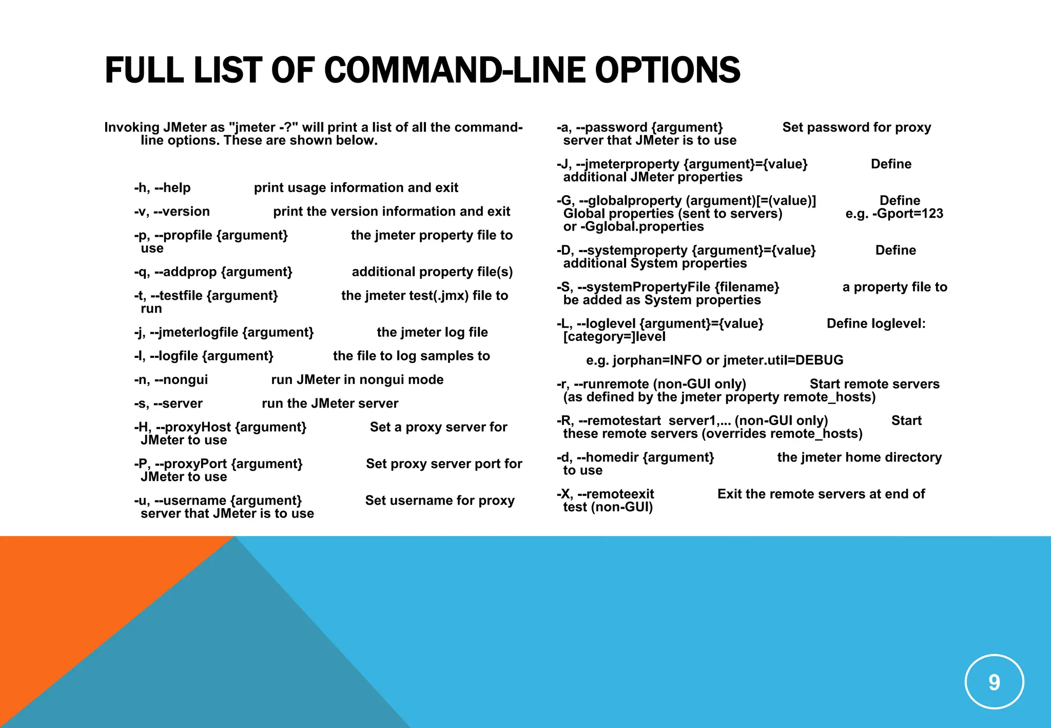 FULL LIST OF COMMAND-LINE OPTIONS
Invoking JMeter as "jmeter -?" will print a list of all the command-
line options. These are shown below.
-h, --help print usage information and exit
-v, --version print the version information and exit
-p, --propfile {argument} the jmeter property file to
use
-q, --addprop {argument} additional property file(s)
-t, --testfile {argument} the jmeter test(.jmx) file to
run
-j, --jmeterlogfile {argument} the jmeter log file
-l, --logfile {argument} the file to log samples to
-n, --nongui run JMeter in nongui mode
-s, --server run the JMeter server
-H, --proxyHost {argument} Set a proxy server for
JMeter to use
-P, --proxyPort {argument} Set proxy server port for
JMeter to use
-u, --username {argument} Set username for proxy
server that JMeter is to use
-a, --password {argument} Set password for proxy
server that JMeter is to use
-J, --jmeterproperty {argument}={value} Define
additional JMeter properties
-G, --globalproperty (argument)[=(value)] Define
Global properties (sent to servers) e.g. -Gport=123
or -Gglobal.properties
-D, --systemproperty {argument}={value} Define
additional System properties
-S, --systemPropertyFile {filename} a property file to
be added as System properties
-L, --loglevel {argument}={value} Define loglevel:
[category=]level
e.g. jorphan=INFO or jmeter.util=DEBUG
-r, --runremote (non-GUI only) Start remote servers
(as defined by the jmeter property remote_hosts)
-R, --remotestart server1,... (non-GUI only) Start
these remote servers (overrides remote_hosts)
-d, --homedir {argument} the jmeter home directory
to use
-X, --remoteexit Exit the remote servers at end of
test (non-GUI)
9
 