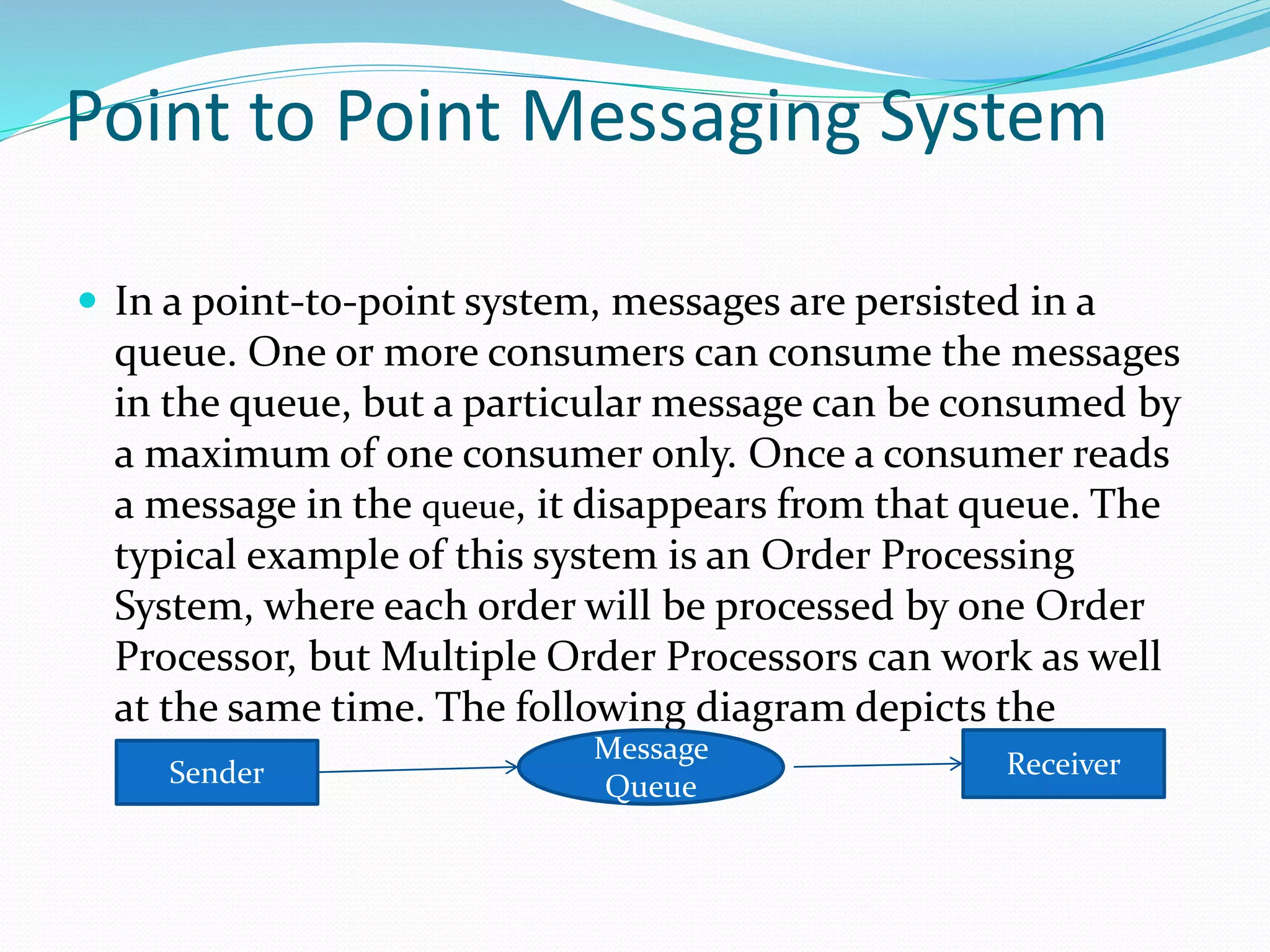 Point to Point Messaging System
 In a point-to-point system, messages are persisted in a
queue. One or more consumers can consume the messages
in the queue, but a particular message can be consumed by
a maximum of one consumer only. Once a consumer reads
a message in the queue, it disappears from that queue. The
typical example of this system is an Order Processing
System, where each order will be processed by one Order
Processor, but Multiple Order Processors can work as well
at the same time. The following diagram depicts the
structure.Sender
Message
Queue
Receiver
 