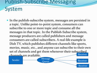 Publish-Subscribe Messaging
System
 In the publish-subscribe system, messages are persisted in
a topic. Unlike point-to-point system, consumers can
subscribe to one or more topic and consume all the
messages in that topic. In the Publish-Subscribe system,
message producers are called publishers and message
consumers are called subscribers. A real-life example is
Dish TV, which publishes different channels like sports,
movies, music, etc., and anyone can subscribe to their own
set of channels and get them whenever their subscribed
channels are available.
Sender
Message
Queue
Receiver
Receiver
Receiver
 