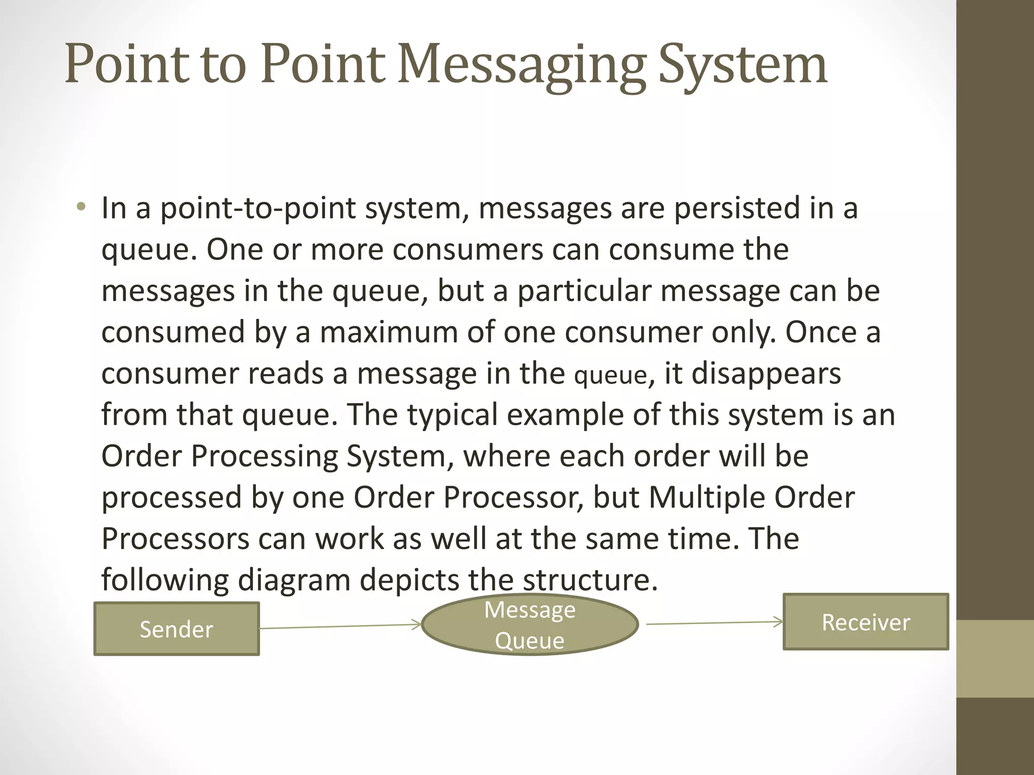 Point to Point Messaging System
• In a point-to-point system, messages are persisted in a
queue. One or more consumers can consume the
messages in the queue, but a particular message can be
consumed by a maximum of one consumer only. Once a
consumer reads a message in the queue, it disappears
from that queue. The typical example of this system is an
Order Processing System, where each order will be
processed by one Order Processor, but Multiple Order
Processors can work as well at the same time. The
following diagram depicts the structure.
Sender
Message
Queue
Receiver
 