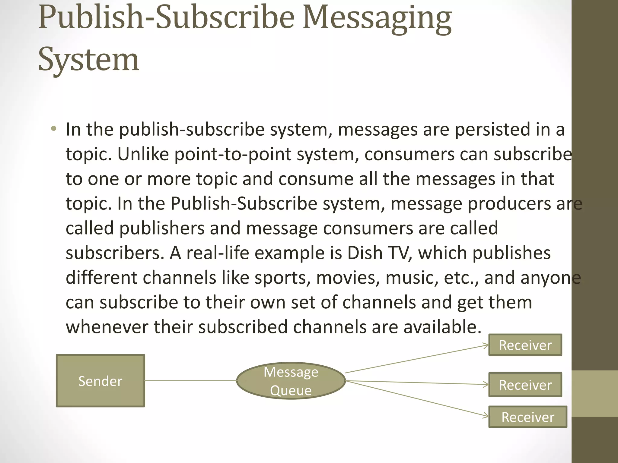 Publish-Subscribe Messaging
System
• In the publish-subscribe system, messages are persisted in a
topic. Unlike point-to-point system, consumers can subscribe
to one or more topic and consume all the messages in that
topic. In the Publish-Subscribe system, message producers are
called publishers and message consumers are called
subscribers. A real-life example is Dish TV, which publishes
different channels like sports, movies, music, etc., and anyone
can subscribe to their own set of channels and get them
whenever their subscribed channels are available.
Sender
Message
Queue
Receiver
Receiver
Receiver
 
