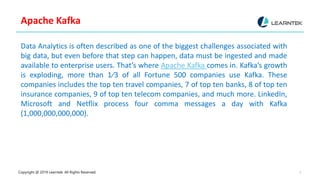 Copyright @ 2019 Learntek. All Rights Reserved. 3
Apache Kafka
Data Analytics is often described as one of the biggest challenges associated with
big data, but even before that step can happen, data must be ingested and made
available to enterprise users. That’s where Apache Kafka comes in. Kafka’s growth
is exploding, more than 1⁄3 of all Fortune 500 companies use Kafka. These
companies includes the top ten travel companies, 7 of top ten banks, 8 of top ten
insurance companies, 9 of top ten telecom companies, and much more. LinkedIn,
Microsoft and Netflix process four comma messages a day with Kafka
(1,000,000,000,000).
 