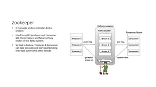 Zookeeper
• It manages and co-ordinates Kafka
brokers.
• Used to notify producer and consumer
abt. the presence and failure of any
broker in the Kafka system.
• So that in Failure, Producer & Consumer
can take decision and start coordinating
their task with some other broker.
 
