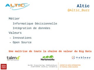 Altic 
@Altic_Buzz 
Métier 
Informatique Décisionnelle 
Intégration de données 
Valeurs 
– Innovations 
– Open Source 
Une maîtrise de toute la chaîne de valeur du Big Data 
 