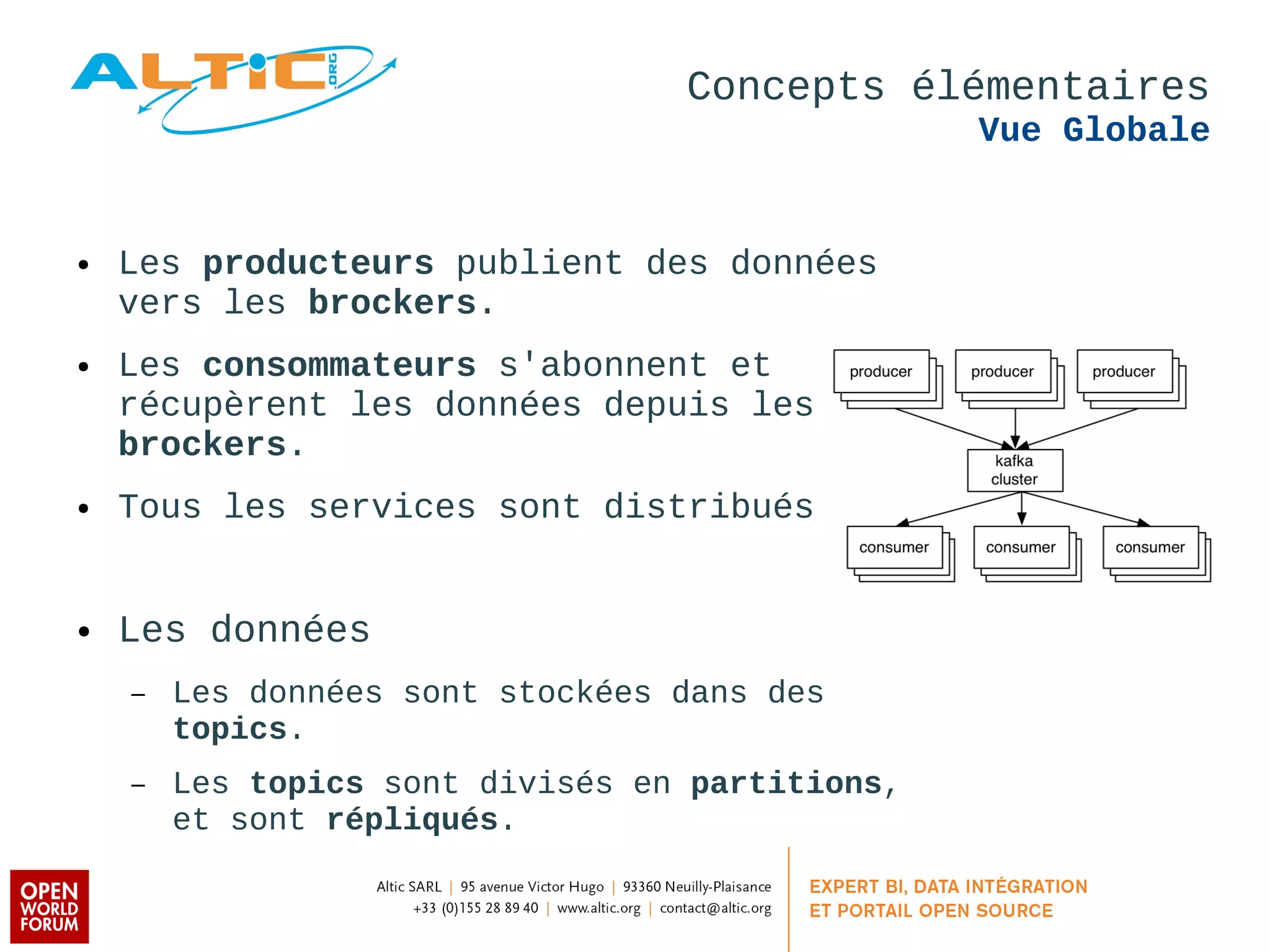 Concepts élémentaires 
Vue Globale 
● Les producteurs publient des données 
vers les brockers. 
● Les consommateurs s'abonnent et 
récupèrent les données depuis les 
brockers. 
● Tous les services sont distribués 
● Les données 
– Les données sont stockées dans des 
topics. 
– Les topics sont divisés en partitions, 
et sont répliqués. 
 