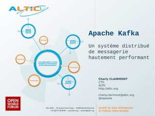 Apache Kafka 
Un système distribué 
de messagerie 
hautement performant 
Charly CLAIRMONT 
CTO 
ALTIC 
http://altic.org 
charly.clairmont@altic.org 
@egwada 
 