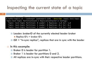 Inspecting the current state of a topic
 --describe the topic
 Leader: brokerID of the currently elected leader broker
 Replica ID’s = broker ID’s
 ISR = “in-sync replica”, replicas that are in sync with the leader
 In this example:
 Broker 0 is leader for partition 1.
 Broker 1 is leader for partitions 0 and 2.
 All replicas are in-sync with their respective leader partitions.
19
$ kafka-topics.sh --zookeeper zookeeper1:2181 --describe –topic test-topic
Topic:test-topic PartitionCount:3 ReplicationFactor:2 Configs:
Topic: test-topic Partition: 0 Leader: 1 Replicas: 1,0 Isr: 1,0
Topic: test-topic Partition: 1 Leader: 0 Replicas: 0,1 Isr: 0,1
Topic: test-topic Partition: 2 Leader: 1 Replicas: 1,0 Isr: 1,0
 