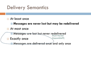 Delivery Semantics
 At least once
 Messages are never lost but may be redelivered
 At most once
 Messages are lost but never redelivered
 Exactly once
 Messages are delivered once and only once
Much Harder
(Impossible??)
 