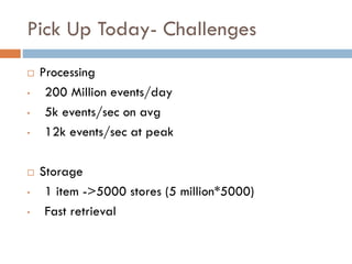 Pick Up Today- Challenges
 Processing
• 200 Million events/day
• 5k events/sec on avg
• 12k events/sec at peak
 Storage
• 1 item ->5000 stores (5 million*5000)
• Fast retrieval
 