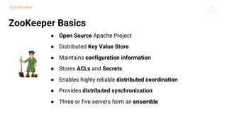 11
ZooKeeper Basics
● Open Source Apache Project
● Distributed Key Value Store
● Maintains configuration information
● Stores ACLs and Secrets
● Enables highly reliable distributed coordination
● Provides distributed synchronization
● Three or five servers form an ensemble
 