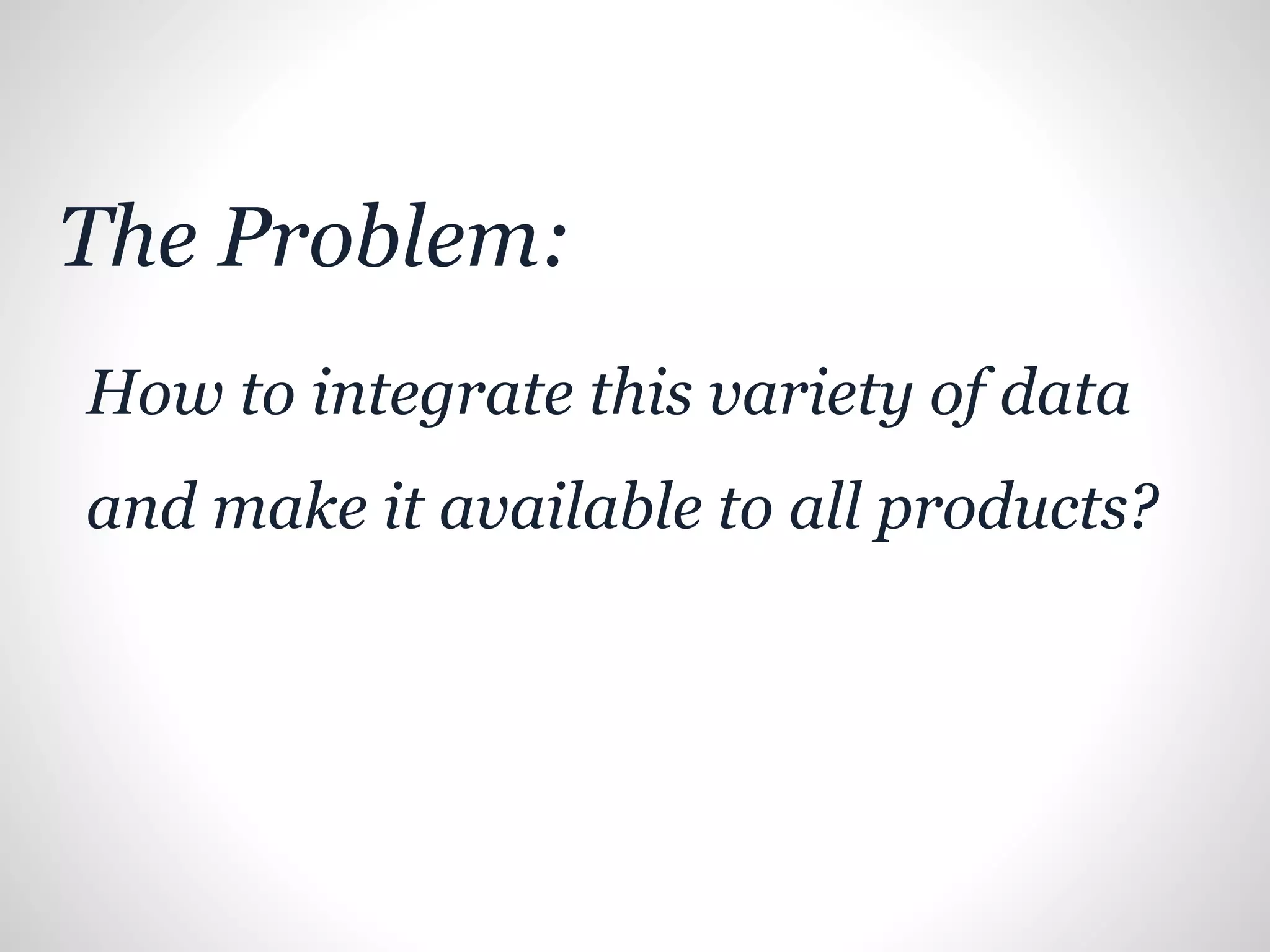 The Problem:
How to integrate this variety of data
and make it available to all products?
 