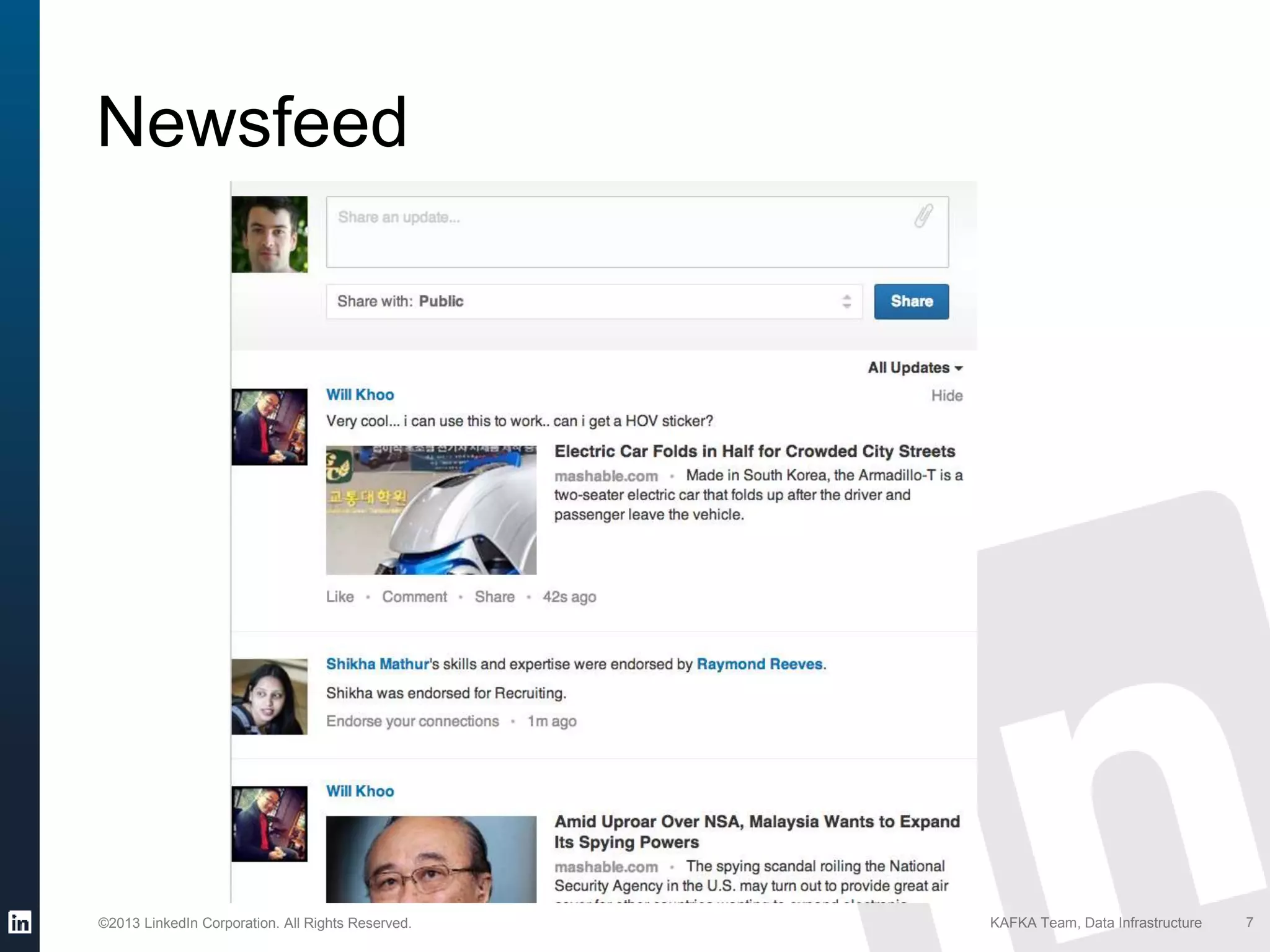 ©2013 LinkedIn Corporation. All Rights Reserved. KAFKA Team, Data Infrastructure
Newsfeed
7
 
