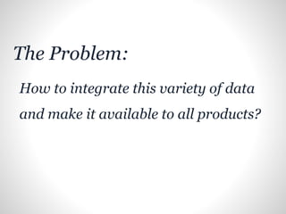 The Problem:
How to integrate this variety of data
and make it available to all products?
 