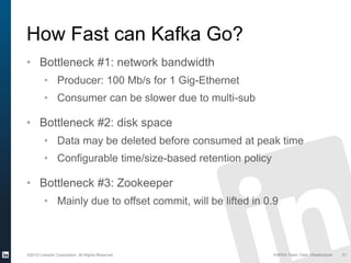 ©2013 LinkedIn Corporation. All Rights Reserved. KAFKA Team, Data Infrastructure 51
How Fast can Kafka Go?
• Bottleneck #1: network bandwidth
• Producer: 100 Mb/s for 1 Gig-Ethernet
• Consumer can be slower due to multi-sub
• Bottleneck #2: disk space
• Data may be deleted before consumed at peak time•
• Configurable time/size-based retention policy
• Bottleneck #3: Zookeeper
• Mainly due to offset commit, will be lifted in 0.9
 