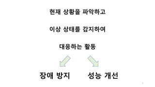 3
현재 상황을 파악하고
이상 상태를 감지하여
대응하는 활동
장애 방지 성능 개선
 
