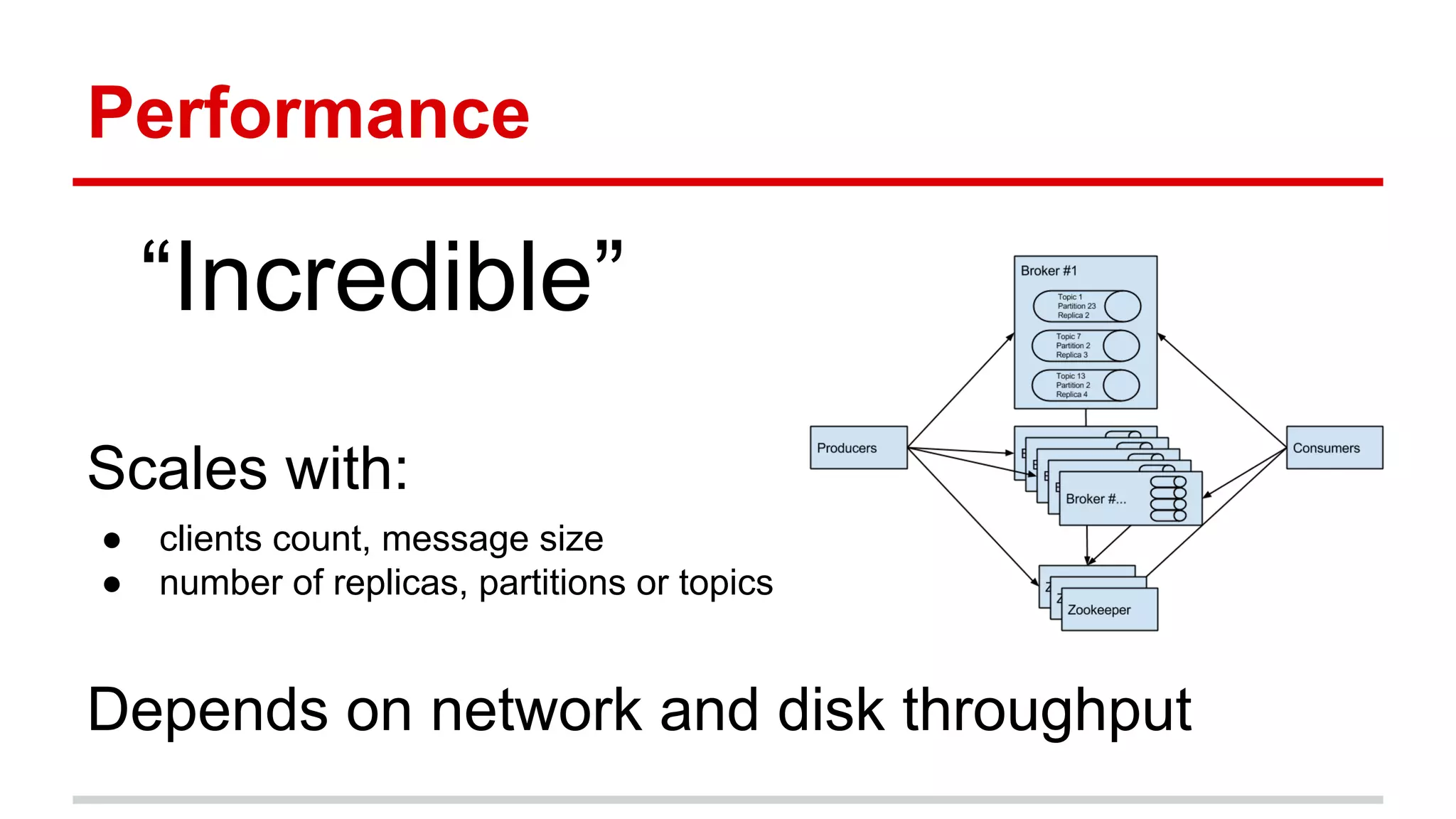 Performance
“Incredible”
Scales with:
● clients count, message size
● number of replicas, partitions or topics
Depends on network and disk throughput
 