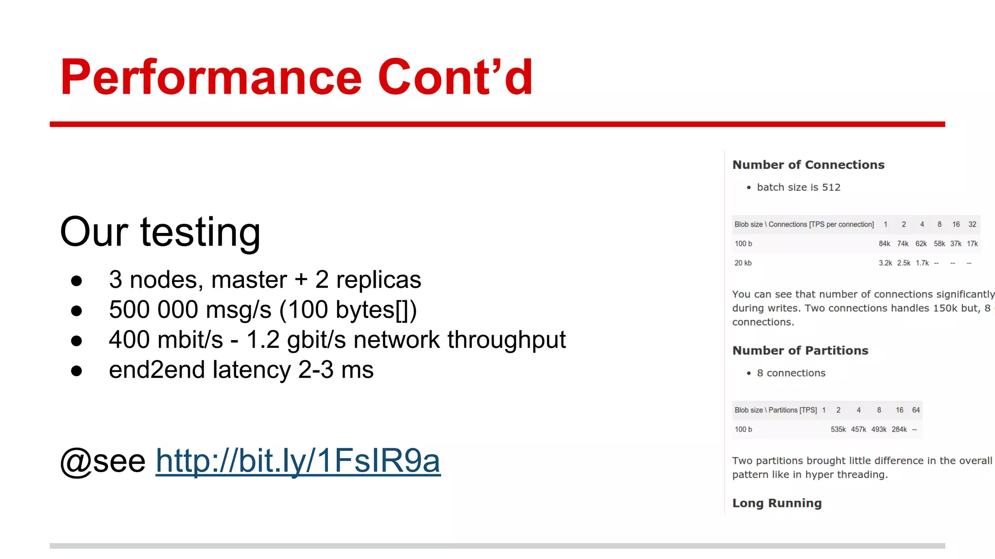 Performance Cont’d
Our testing
● 3 nodes, master + 2 replicas
● 500 000 msg/s (100 bytes[])
● 400 mbit/s - 1.2 gbit/s network throughput
● end2end latency 2-3 ms
@see http://bit.ly/1FsIR9a
 