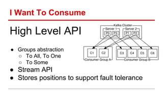 I Want To Consume
High Level API
● Groups abstraction
○ To All, To One
○ To Some
● Stream API
● Stores positions to support fault tolerance
 