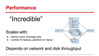 Performance
“Incredible”
Scales with:
● clients count, message size
● number of replicas, partitions or topics
Depends on network and disk throughput
 