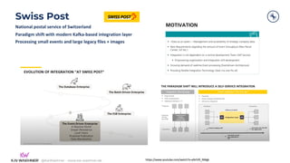 @KaiWaehner - www.kai-waehner.de
Swiss Post
National postal service of Switzerland
Paradigm shift with modern Kafka-based integration layer
Processing small events and large legacy files + images
https://www.youtube.com/watch?v=yNrtV9_NWgk
 