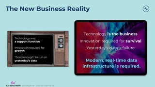 @KaiWaehner - www.kai-waehner.de
@KaiWaehner - www.kai-waehner.de
The New Business Reality
Technology is the business
Innovation required for survival
Yesterday’s data = failure
Modern, real-time data
infrastructure is required.
Technology was
a support function
Innovation required for
growth
“Good enough” to run on
yesterday’s data
 