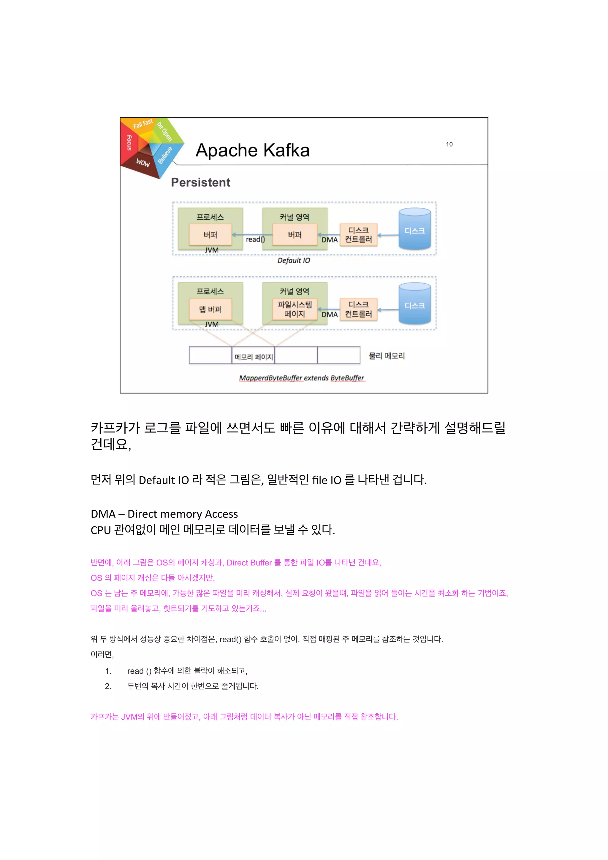 카프카가 로그를 파일에 쓰면서도 빠른 이유에 대해서 간략하게 설명해드릴
건데요,
	
  
먼저	
  위의	
  Default	
  IO	
  라	
  적은	
  그림은,	
  일반적인	
  ﬁle	
  IO	
  를	
  나타낸	
  겁니다.	
  
	
  
DMA	
  –	
  Direct	
  memory	
  Access	
  
CPU	
  관여없이	
  메인	
  메모리로	
  데이터를	
  보낼	
  수	
  있다.	
  
반면에, 아래 그림은 OS의 페이지 캐싱과, Direct Buffer 를 통한 파일 IO를 나타낸 건데요,
OS 의 페이지 캐싱은 다들 아시겠지만,
OS 는 남는 주 메모리에, 가능한 많은 파일을 미리 캐싱해서, 실제 요청이 왔을떄, 파일을 읽어 들이는 시간을 최소화 하는 기법이죠,
파일을 미리 올려놓고, 힛트되기를 기도하고 있는거죠...
위 두 방식에서 성능상 중요한 차이점은, read() 함수 호출이 없이, 직접 매핑된 주 메모리를 참조하는 것입니다.
이러면,
1.  read () 함수에 의한 블락이 해소되고,
2.  두번의 복사 시간이 한번으로 줄게됩니다.
카프카는 JVM의 위에 만들어졌고, 아래 그림처럼 데이터 복사가 아닌 메모리를 직접 참조합니다.
 