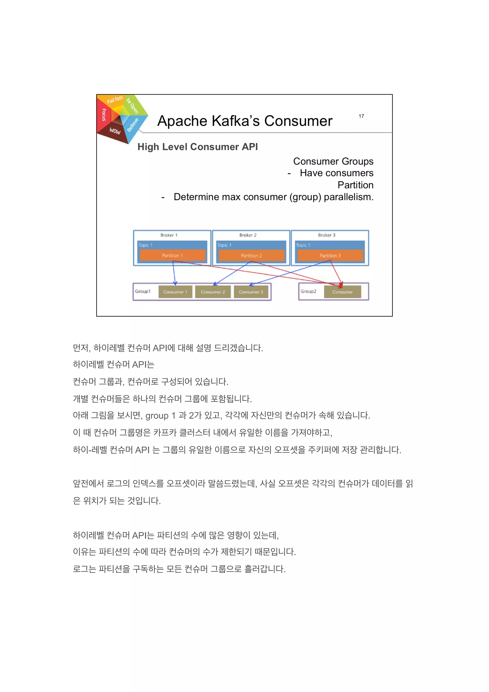 먼저, 하이레벨 컨슈머 API에 대해 설명 드리겠습니다.
하이레벨 컨슈머 API는
컨슈머 그룹과, 컨슈머로 구성되어 있습니다.
개별 컨슈머들은 하나의 컨슈머 그룹에 포함됩니다.
아래 그림을 보시면, group 1 과 2가 있고, 각각에 자신만의 컨슈머가 속해 있습니다.
이 때 컨슈머 그룹명은 카프카 클러스터 내에서 유일한 이름을 가져야하고,
하이-레벨 컨슈머 API 는 그룹의 유일한 이름으로 자신의 오프셋을 주키퍼에 저장 관리합니다.
앞전에서 로그의 인덱스를 오프셋이라 말씀드렸는데, 사실 오프셋은 각각의 컨슈머가 데이터를 읽
은 위치가 되는 것입니다.
하이레벨 컨슈머 API는 파티션의 수에 많은 영향이 있는데,
이유는 파티션의 수에 따라 컨슈머의 수가 제한되기 때문입니다.
로그는 파티션을 구독하는 모든 컨슈머 그룹으로 흘러갑니다.
 