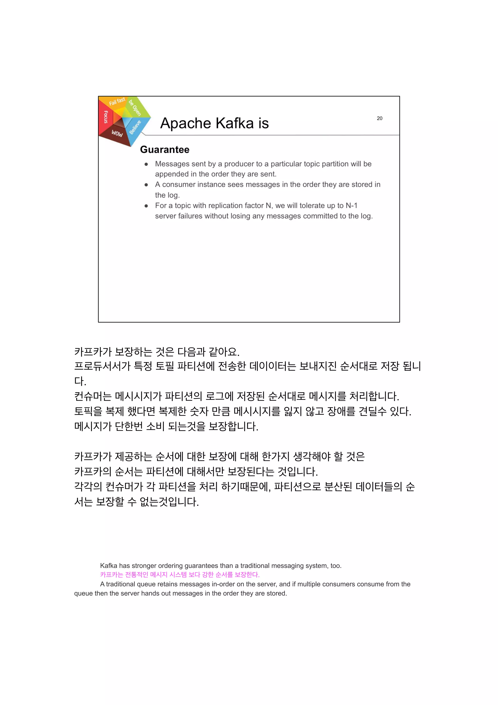 카프카가 보장하는 것은 다음과 같아요.
프로듀서서가 특정 토필 파티션에 전송한 데이이터는 보내지진 순서대로 저장 됩니
다.
컨슈머는 메시시지가 파티션의 로그에 저장된 순서대로 메시지를 처리합니다.
토픽을 복제 했다면 복제한 숫자 만큼 메시시지를 잃지 않고 장애를 견딜수 있다.
메시지가 단한번 소비 되는것을 보장합니다.
카프카가 제공하는 순서에 대한 보장에 대해 한가지 생각해야 할 것은
카프카의 순서는 파티션에 대해서만 보장된다는 것입니다.
각각의 컨슈머가 각 파티션을 처리 하기때문에, 파티션으로 분산된 데이터들의 순
서는 보장할 수 없는것입니다.
	
  
	
  
	
  
	
  
Kafka has stronger ordering guarantees than a traditional messaging system, too.
카프카는 전통적인 메시지 시스템 보다 강한 순서를 보장한다.
A traditional queue retains messages in-order on the server, and if multiple consumers consume from the
queue then the server hands out messages in the order they are stored.
 