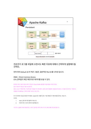 카프카가 로그를 파일에 쓰면서도 빠른 이유에 대해서 간략하게 설명해드릴
건데요,
	
  
먼저	
  위의	
  Default	
  IO	
  라	
  적은	
  그림은,	
  일반적인	
  ﬁle	
  IO	
  를	
  나타낸	
  겁니다.	
  
	
  
DMA	
  –	
  Direct	
  memory	
  Access	
  
CPU	
  관여없이	
  메인	
  메모리로	
  데이터를	
  보낼	
  수	
  있다.	
  
반면에, 아래 그림은 OS의 페이지 캐싱과, Direct Buffer 를 통한 파일 IO를 나타낸 건데요,
OS 의 페이지 캐싱은 다들 아시겠지만,
OS 는 남는 주 메모리에, 가능한 많은 파일을 미리 캐싱해서, 실제 요청이 왔을떄, 파일을 읽어 들이는 시간을 최소화 하는 기법이죠,
파일을 미리 올려놓고, 힛트되기를 기도하고 있는거죠...
위 두 방식에서 성능상 중요한 차이점은, read() 함수 호출이 없이, 직접 매핑된 주 메모리를 참조하는 것입니다.
이러면,
1.  read () 함수에 의한 블락이 해소되고,
2.  두번의 복사 시간이 한번으로 줄게됩니다.
카프카는 JVM의 위에 만들어졌고, 아래 그림처럼 데이터 복사가 아닌 메모리를 직접 참조합니다.
 