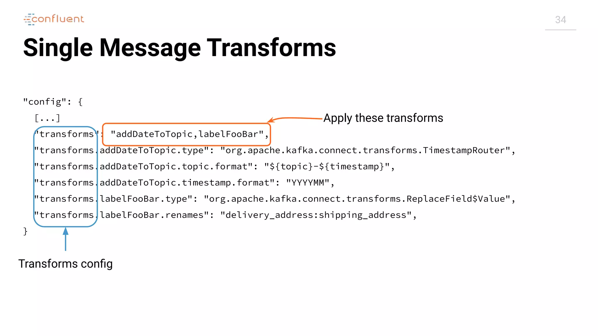 34
Single Message Transforms
"config": {
[...]
"transforms": "addDateToTopic,labelFooBar",
"transforms.addDateToTopic.type": "org.apache.kafka.connect.transforms.TimestampRouter",
"transforms.addDateToTopic.topic.format": "${topic}-${timestamp}",
"transforms.addDateToTopic.timestamp.format": "YYYYMM",
"transforms.labelFooBar.type": "org.apache.kafka.connect.transforms.ReplaceField$Value",
"transforms.labelFooBar.renames": "delivery_address:shipping_address",
}
Apply these transforms
Transforms conﬁg
 