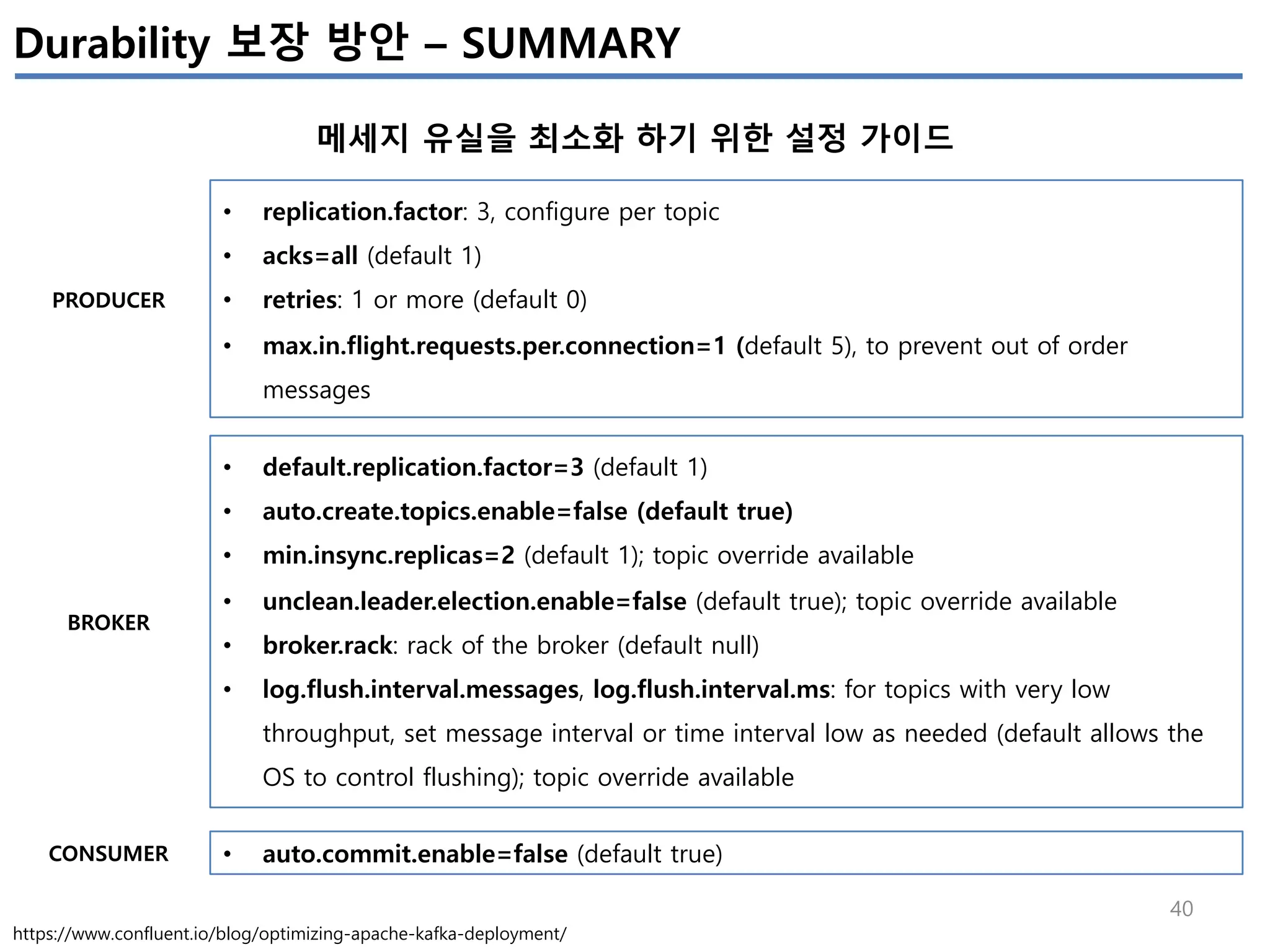 40
Durability 보장 방안 – SUMMARY
메세지 유실을 최소화 하기 위한 설정 가이드
https://www.confluent.io/blog/optimizing-apache-kafka-deployment/
• replication.factor: 3, configure per topic
• acks=all (default 1)
• retries: 1 or more (default 0)
• max.in.flight.requests.per.connection=1 (default 5), to prevent out of order
messages
• default.replication.factor=3 (default 1)
• auto.create.topics.enable=false (default true)
• min.insync.replicas=2 (default 1); topic override available
• unclean.leader.election.enable=false (default true); topic override available
• broker.rack: rack of the broker (default null)
• log.flush.interval.messages, log.flush.interval.ms: for topics with very low
throughput, set message interval or time interval low as needed (default allows the
OS to control flushing); topic override available
• auto.commit.enable=false (default true)
PRODUCER
BROKER
CONSUMER
 