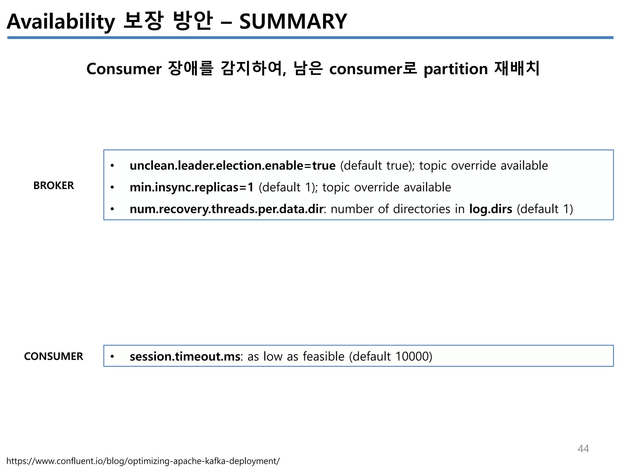 44
Availability 보장 방안 – SUMMARY
Consumer 장애를 감지하여, 남은 consumer로 partition 재배치
https://www.confluent.io/blog/optimizing-apache-kafka-deployment/
• unclean.leader.election.enable=true (default true); topic override available
• min.insync.replicas=1 (default 1); topic override available
• num.recovery.threads.per.data.dir: number of directories in log.dirs (default 1)
• session.timeout.ms: as low as feasible (default 10000)
BROKER
CONSUMER
 