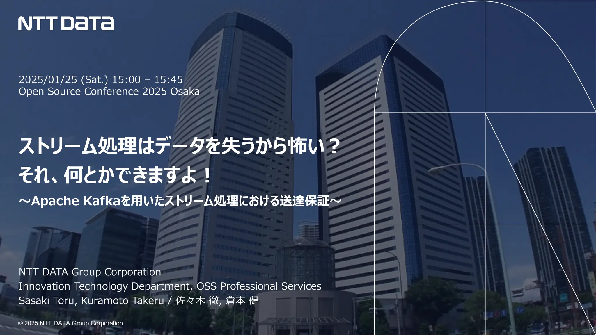 © 2025 NTT DATA Group Corporation
© 2025 NTT DATA Group Corporation
2025/01/25 (Sat.) 15:00 – 15:45
Open Source Conference 2025 Osaka
ストリーム処理はデータを失うから怖い︖
それ、何とかできますよ︕
〜Apache Kafkaを⽤いたストリーム処理における送達保証〜
NTT DATA Group Corporation
Innovation Technology Department, OSS Professional Services
Sasaki Toru, Kuramoto Takeru / 佐々⽊ 徹, 倉本 健
 