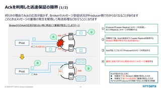 © 2025 NTT DATA Group Corporation 18
Ackを利⽤した送達保証の限界 (1/2)
何らかの理由でAckの応答が届かず、Brokerのメッセージ受信状況がProducer側でわからなくなることがあります
このときはメッセージの重複の発⽣を覚悟して再送処理などを⾏うことになります
BrokerからのAckの応答が返らない時に再送にて重複が発⽣してしまうケース
Prod.
同期
同期
Prod. 同期
停⽌
Ack返らない
×
Ack
①
③
③
①
②
同期完了後、Ackの返却までにLeader Replicaを保持する
Brokerに障害が発⽣するとAckを返せない
③ Ackが返ってこないのでProducerはメッセージを再送する
ProducerがLeader Replicaにメッセージを送信し、
全てのReplicaにメッセージが同期される
②
Ackが返されないときに
l 同期完了前にBrokerに障害が発⽣したのか
l 同期完了後でAck返却前に障害が発⽣したのか
のどちらかがProducerから判断できないのが根本の問題
④ 最初に送信できたものと再送のものとでメッセージが重複する
 