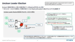 © 2025 NTT DATA Group Corporation 40
Unclean Leader Election
Brokerに障害が発⽣した時に同期が取れているReplicaが存在しない時に
⼀定のメッセージロストを覚悟して同期の取れていないReplicaをLeaderに選出することができる機構です
Unclean Leader Electionを起因とするメッセージロストの発⽣
設計時の限度を超える障害が発⽣したときにメッセージの保全を優先するか、処理継続を優先するかのトレードオフ
データロストが許容できないときは本機能は無効にして利⽤する
Unclean Leader Electionは unclean.leader.election.enable を
Brokerの設定に追加します (true/false)
Cons.
×
同期
されてない
同期
されてない
メッセージを保持してないので
受信できない
①
他のReplicaに同期できてないメッセージを保持した
Brokerが障害で停⽌する
②
本来は完全に同期ができているBrokerのReplicaが
Leaderを引き継ぐが、ここでは該当するReplicaが存在しない
③
同期できておらず本来LeaderになれないReplicaが
メッセージロストを覚悟して別のLeaderになり、処理を引き継ぐ
この③の挙動をUnclean Leader Electionと呼び、
この機能を無効にしているときは、
Leader不在となって処理が停⽌する
①
②
③
②
 
