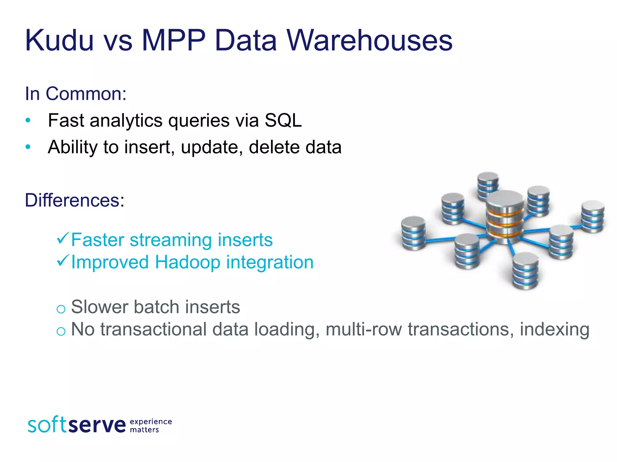 Kudu vs MPP Data Warehouses
In Common:
• Fast analytics queries via SQL
• Ability to insert, update, delete data
Differences:
üFaster streaming inserts
üImproved Hadoop integration
o Slower batch inserts
o No transactional data loading, multi-row transactions,
indexing
 