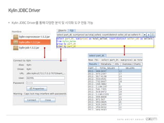 KylinJDBCDriver
• Kylin JDBC Driver를 통해 다양한 분석 및 시각화 도구 연동 가능
 