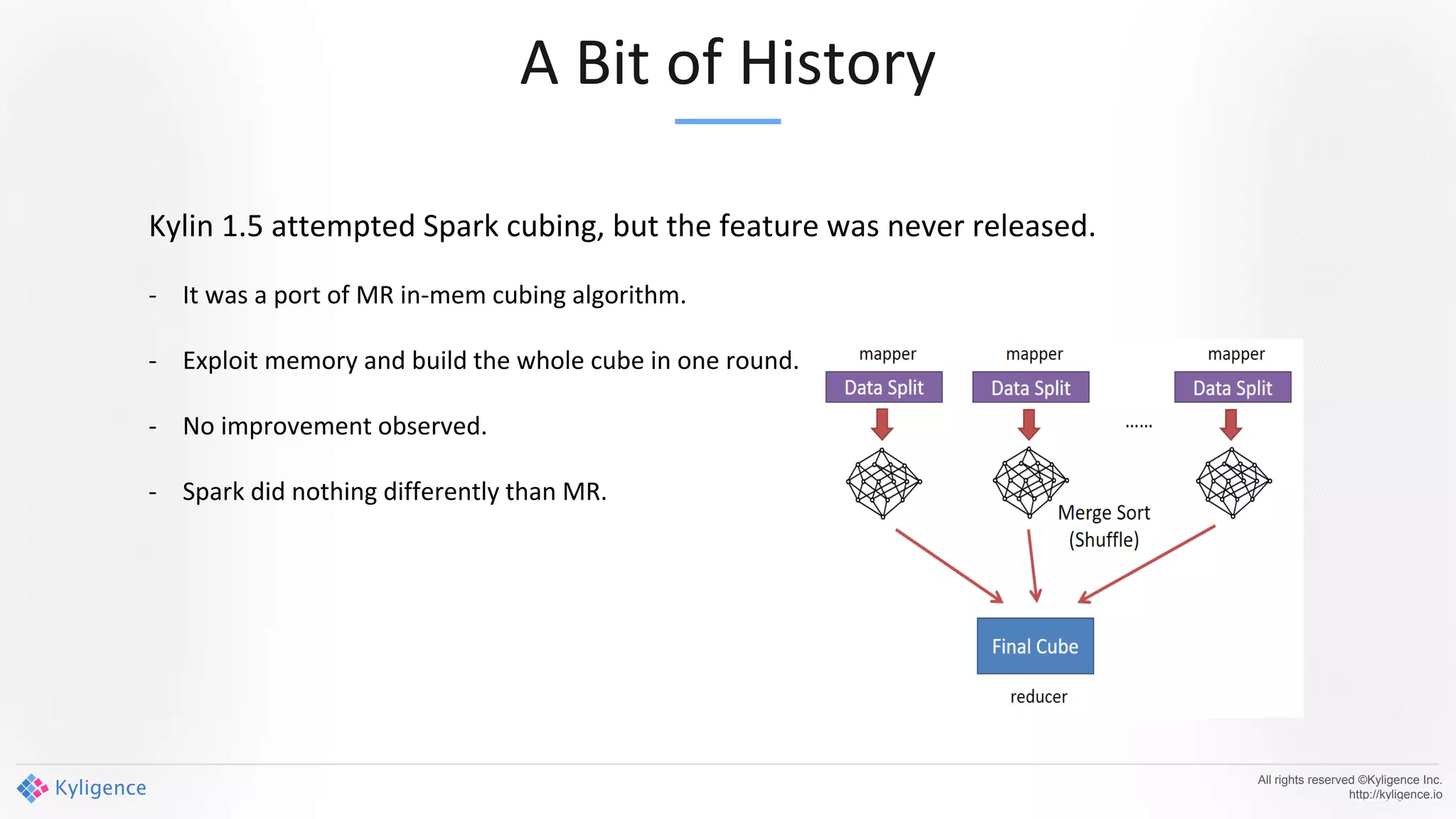 A Bit of History
All rights reserved ©Kyligence Inc.
http://kyligence.io
Kylin 1.5 attempted Spark cubing, but the feature was never released.
- It was a port of MR in-mem cubing algorithm.
- Exploit memory and build the whole cube in one round.
- No improvement observed.
- Spark did nothing differently than MR.
 