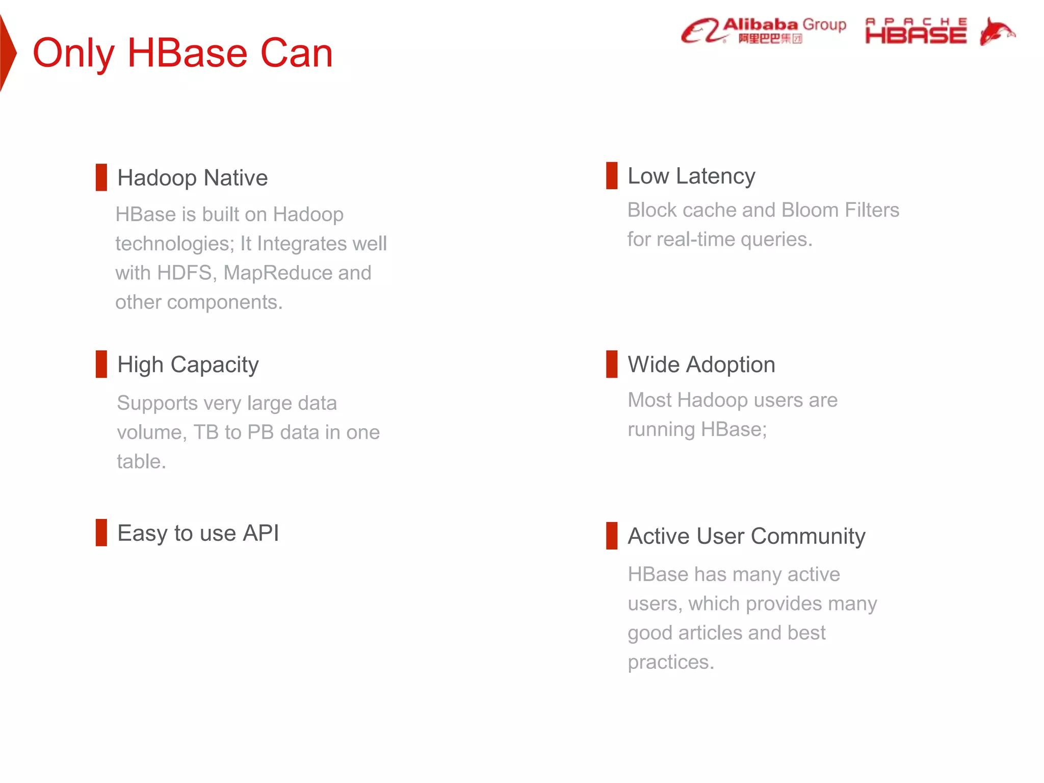 Only HBase Can
Hadoop Native
Wide Adoption
Most Hadoop users are
running HBase;
Low Latency
Easy to use API
HBase is built on Hadoop
technologies; It Integrates well
with HDFS, MapReduce and
other components.
Block cache and Bloom Filters
for real-time queries.
High Capacity
Supports very large data
volume, TB to PB data in one
table.
Active User Community
HBase has many active
users, which provides many
good articles and best
practices.
 