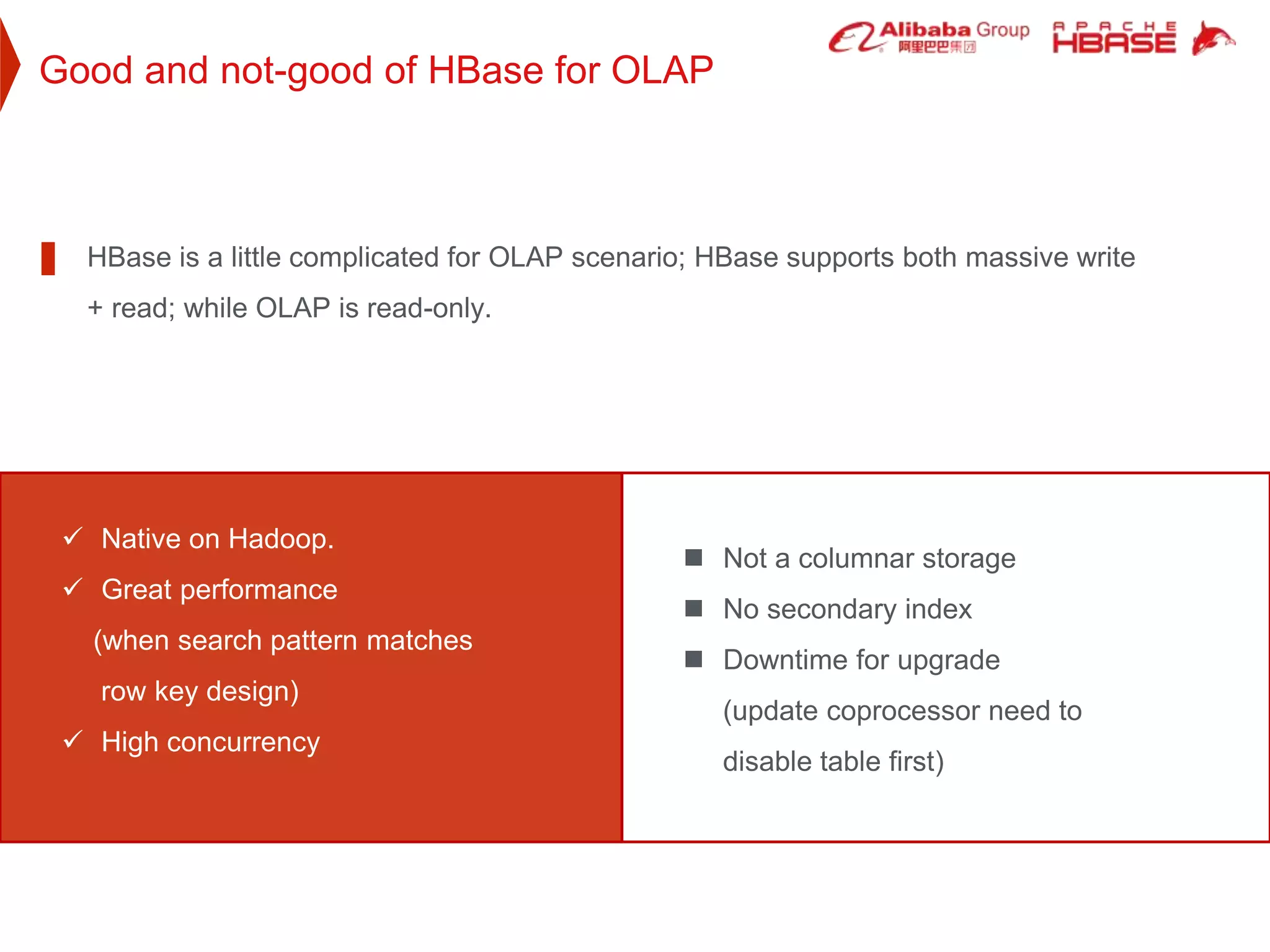 Good and not-good of HBase for OLAP
 Native on Hadoop.
 Great performance
(when search pattern matches
row key design)
 High concurrency
HBase is a little complicated for OLAP scenario; HBase supports both massive write
+ read; while OLAP is read-only.
 Not a columnar storage
 No secondary index
 Downtime for upgrade
(update coprocessor need to
disable table first)
 