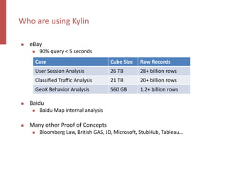  eBay
 90% query < 5 seconds
 Baidu
 Baidu Map internal analysis
 Many other Proof of Concepts
 Bloomberg Law, British GAS, JD, Microsoft, StubHub, Tableau…
Who are using Kylin
Case Cube Size Raw Records
User Session Analysis 26 TB 28+ billion rows
Classified Traffic Analysis 21 TB 20+ billion rows
GeoX Behavior Analysis 560 GB 1.2+ billion rows
 