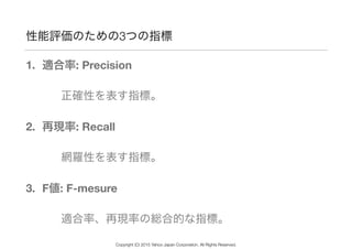 性能評価のための3つの指標
1. 適合率: Precision
正確性を表す指標。
2. 再現率: Recall
網羅性を表す指標。
3. F値: F-mesure
適合率、再現率の総合的な指標。
Copyright (C) 2015 Yahoo Japan Corporation. All Rights Reserved.
 