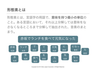 形態素とは
形態素とは、言語学の用語で、意味を持つ最小の単位の
こと。ある言語において、それ以上分解しては意味をな
さなくなるところまで分解して抽出された、音素のまと
まり。
赤坂でランチを食べて元気になった
赤坂 
名詞
で 
助詞
ランチ 
名詞
を 
助詞食べ 
動詞
て 
助詞
元気 
名詞
に 
助詞
なっ 
動詞
た 
助詞
赤 
名詞
坂 
名詞
になっ 
動詞
元 
名詞
気 
名詞
Copyright (C) 2015 Yahoo Japan Corporation. All Rights Reserved.
 