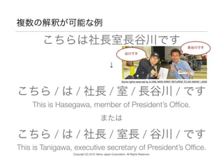 複数の解釈が可能な例
こちら / は / 社長 / 室 / 長谷川 / です
または
こちら / は / 社長 / 室長 / 谷川 / です
こちらは社長室長谷川です
↓
This is Hasegawa, member of President’s Ofﬁce.
This is Tanigawa, executive secretary of President’s Ofﬁce.
長谷川です
谷川です
Some rights reserved by A ONE-MAN ARMY RETURNS TO NO-MANS' LAND
Copyright (C) 2015 Yahoo Japan Corporation. All Rights Reserved.
 