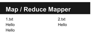 Map / Reduce Mapper
1.txt 2.txt
Hello Hello
Hello
 