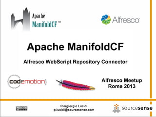 Apache ManifoldCF
Alfresco WebScript Repository Connector


                             Alfresco Meetup
                                Rome 2013
 