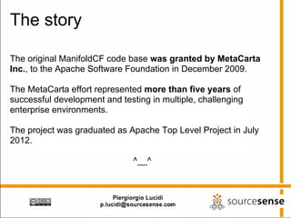 The story

The original ManifoldCF code base was granted by MetaCarta
Inc., to the Apache Software Foundation in December 2009.

The MetaCarta effort represented more than five years of
successful development and testing in multiple, challenging
enterprise environments.

The project was graduated as Apache Top Level Project in July
2012.

                               ^__^
 