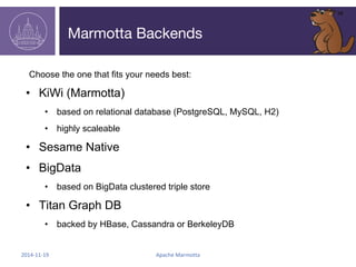 Marmotta LDPath 
• Query language designed for the Linked Data Cloud 
• path based navigation starting at a resource, foll...