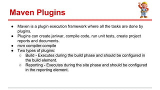  Maven is a plugin execution framework where all the tasks are done by
plugins.
 Plugins can create jar/war, compile code, run unit tests, create project
reports and documents.
 mvn compiler:compile
 Two types of plugins:
 Build - Executes during the build phase and should be configured in
the build element.
 Reporting - Executes during the site phase and should be configured
in the reporting element.
Maven Plugins
 