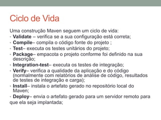 Ciclo de Vida
Uma construção Maven seguem um ciclo de vida:
• Validate – verifica se a sua configuração está correta;
• Compile– compila o código fonte do projeto ;
• Test– executa os testes unitários do projeto;
• Package– empacota o projeto conforme foi definido na sua
descrição;
• Integration-test– executa os testes de integração;
• Verify– verifica a qualidade da aplicação e do código
(normalmente com relatórios de análise de código, resultados
de testes de integração e carga);
• Install– instala o artefato gerado no repositório local do
Maven;
• Deploy– envia o artefato gerado para um servidor remoto para
que ela seja implantada;
 